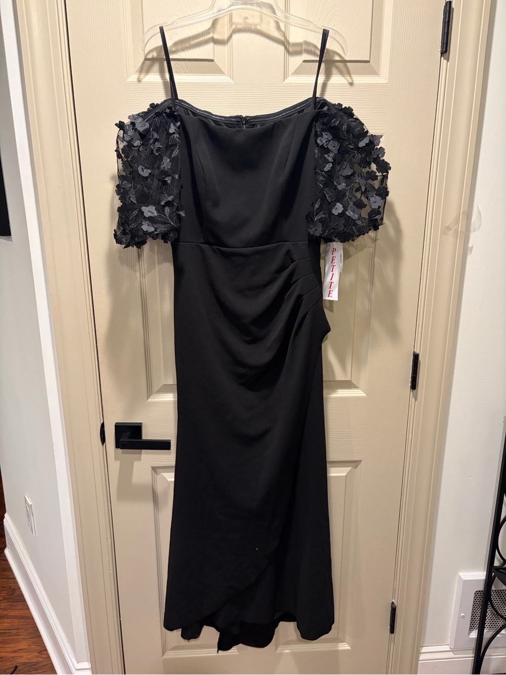 Elegant Xscape Petite Black Formal Gown, Size 10P, featuring sheer sleeves